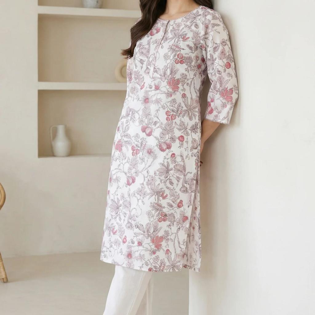 Off White FloralPrinted Rayon Straight Kurta with Lace