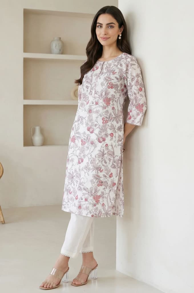 Off White FloralPrinted Rayon Straight Kurta with Lace — XS