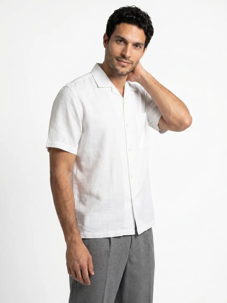 Men's White Linen Half Sleeve Oversized Fit Shirt with Cuban Collar — photo 2