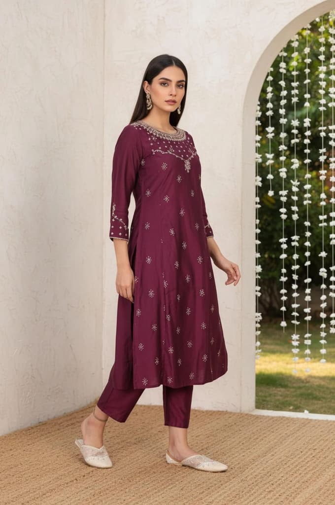 Wine Embroidered Straight Silk Blend Kurta with Straight Pant and Dupatta Set — photo 6