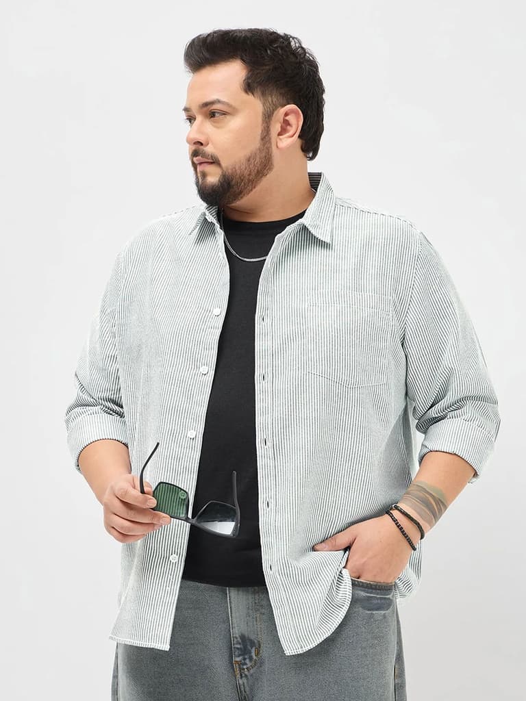 Plus Men's Light Grey Cotton Full Sleeve Regular Fit Casual Striped Shirt — photo 2