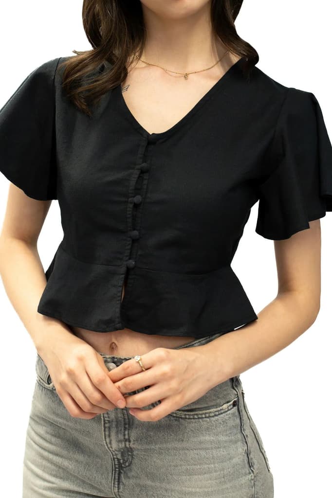 Black Cotton Linen Fitted Crop Top — photo 4