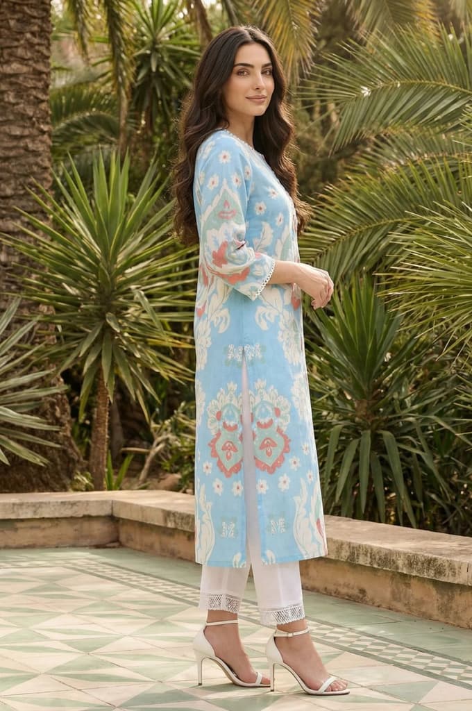 Blue Ikkat Lace Trim Straight Kurta — photo 5