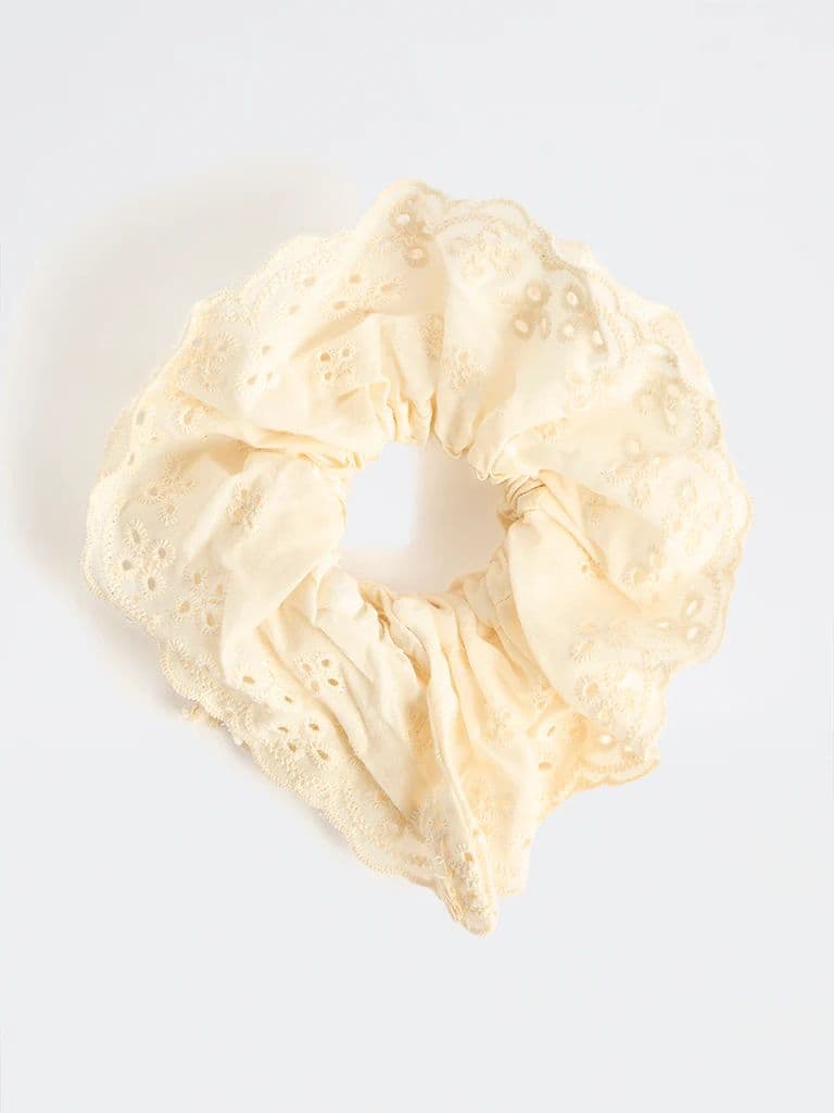 Westside Accessories Off-White Embroidered Scrunchie