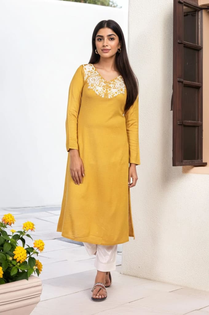 Mustard Embroidered A-Line Acrylic Winter Kurta — photo 2