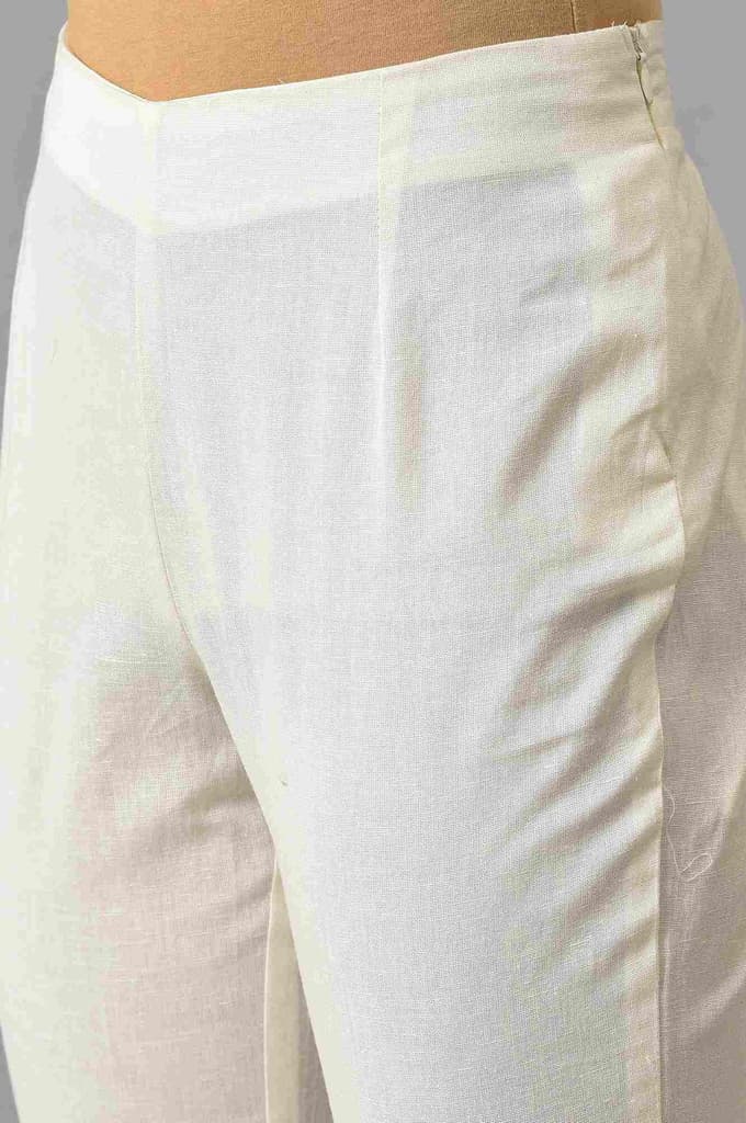 White Embroidered Cotton Flax Slim Pants — photo 7