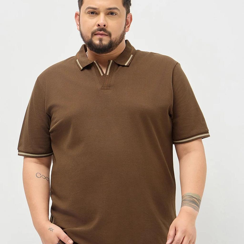 Plus Men's Dark Brown Solid Regular Fit Half Sleeve Cotton Polo T-Shirt
