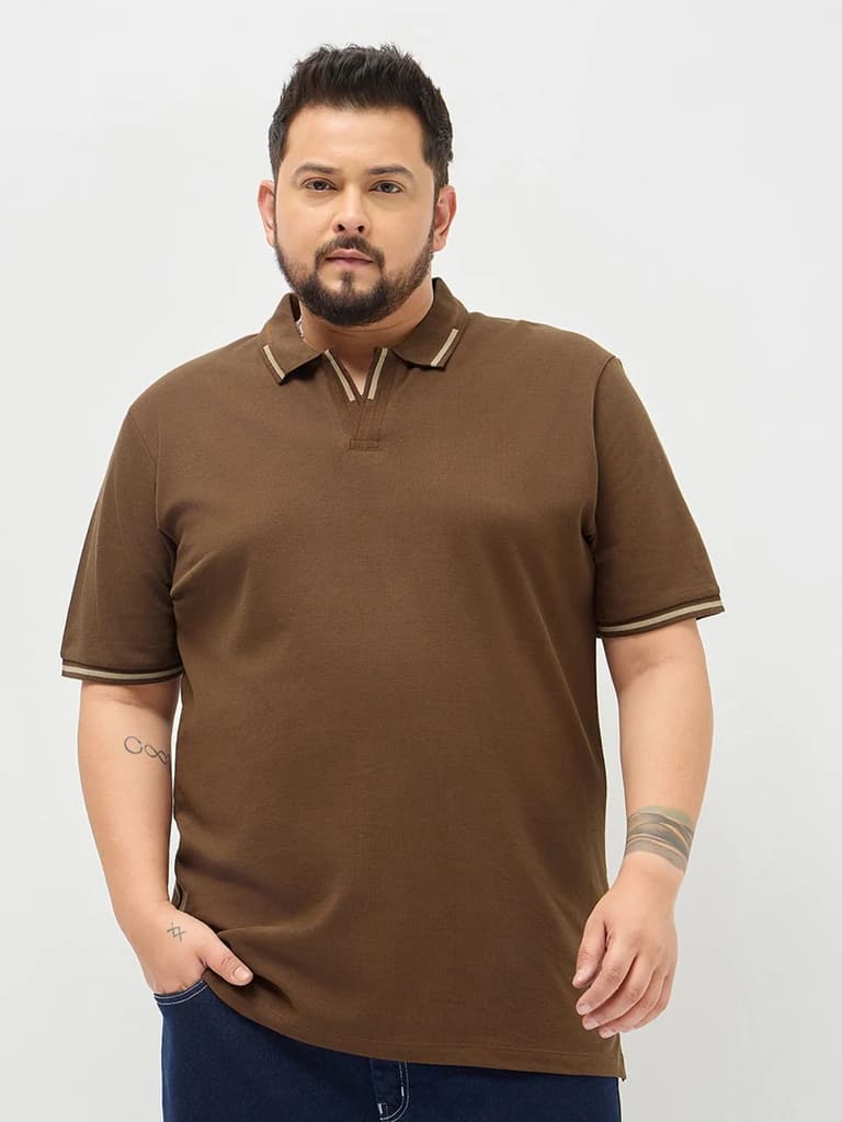 Plus Men's Dark Brown Solid Regular Fit Half Sleeve Cotton Polo T-Shirt — 2XL / Dark Brown
