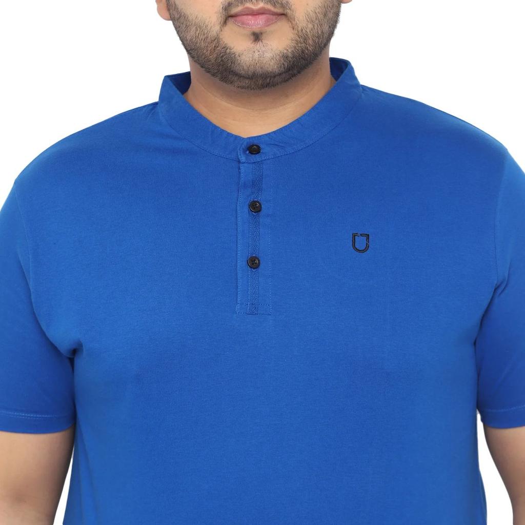 Plus Men's Royal Blue Solid Mandarin Collar Regular Fit Cotton T-Shirt — photo 8