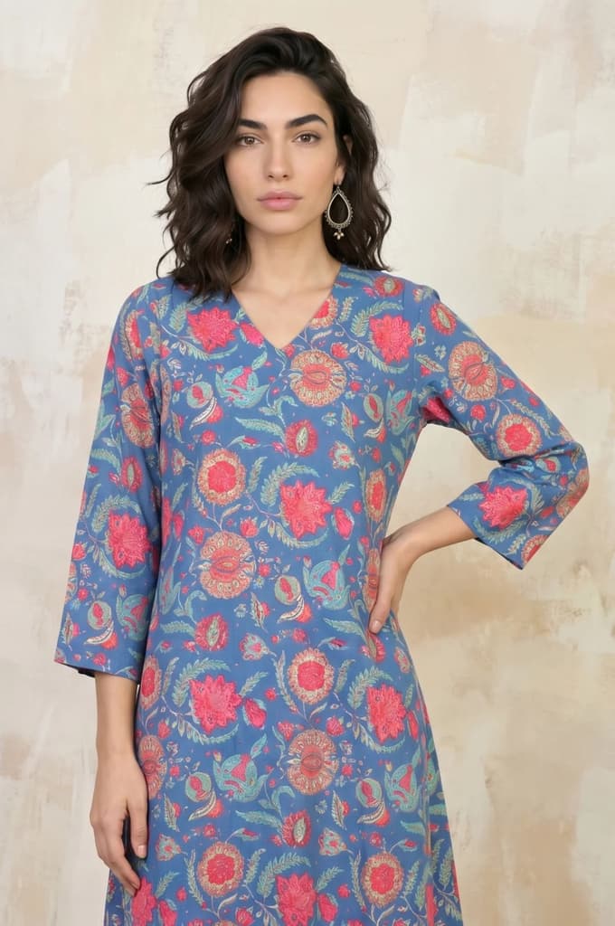Blue Floral Printed Pure Cotton Straight Kurta — photo 2
