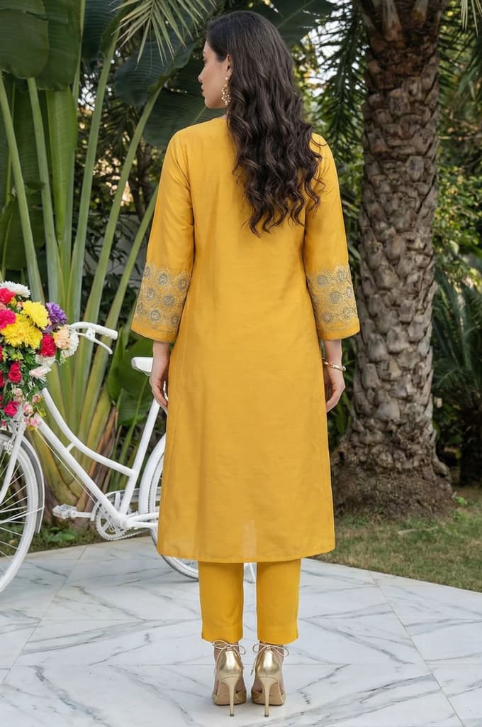 Mustard Embroidered A-Line Rayon Kurta — photo 5