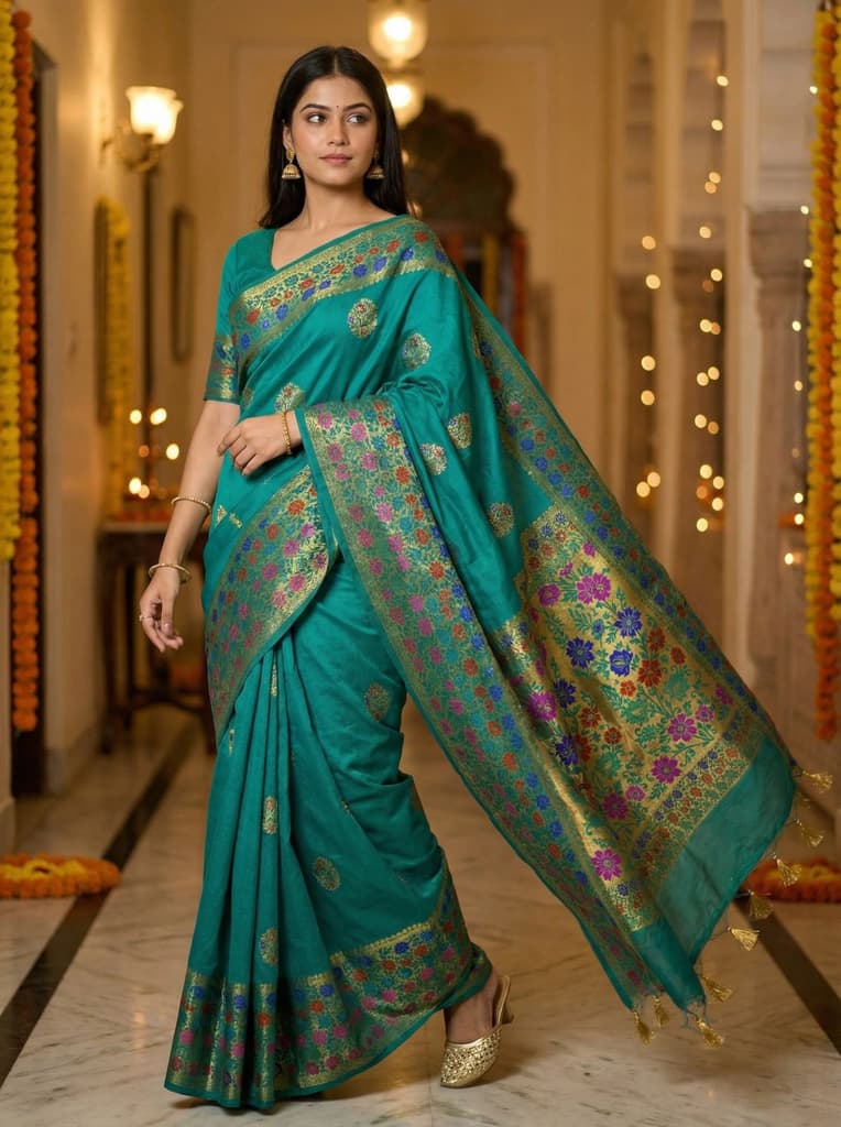 MIMOSA Women's Woven Design Paithani Style Raw Silk Saree with Blouse Piece - Rama ( SA00003127RMFREE ) — photo 2