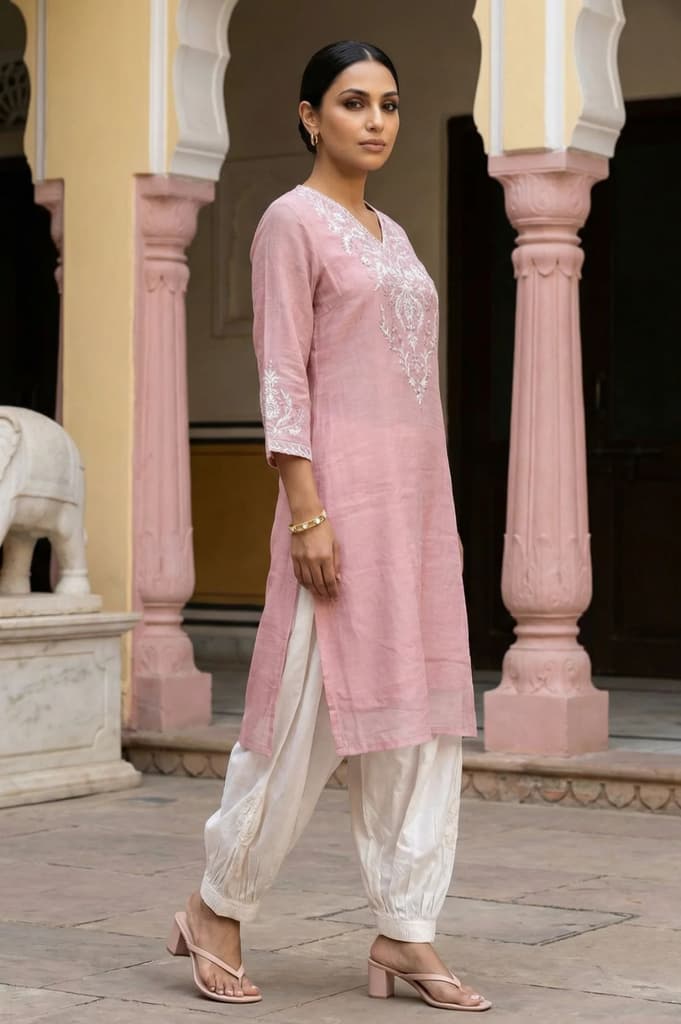 Rose Pink Zari Embroidered Cotton Blend Straight Kurta with Salwar and Dupatta Set — photo 6