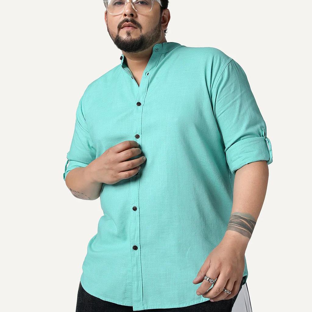 Plus Men's Light Teal Linen Blend Full Sleeve Relaxed Fit Mandarin Collar Casual Solid Shirt