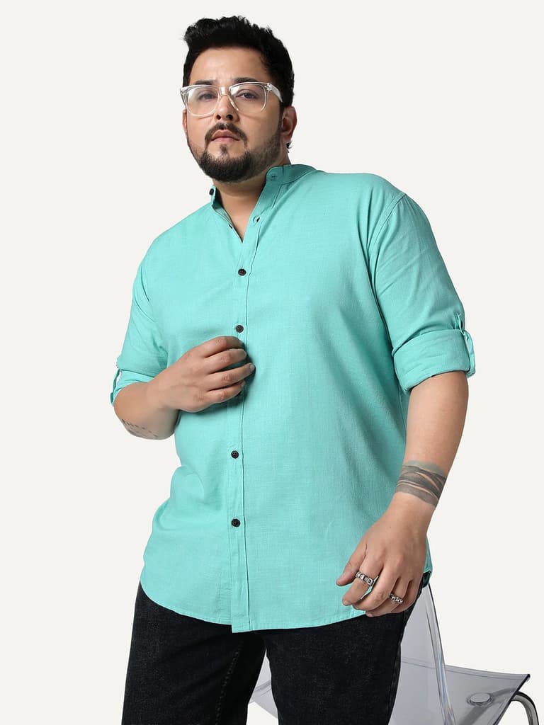 Plus Men's Light Teal Linen Blend Full Sleeve Relaxed Fit Mandarin Collar Casual Solid Shirt — 2XL / Light Teal