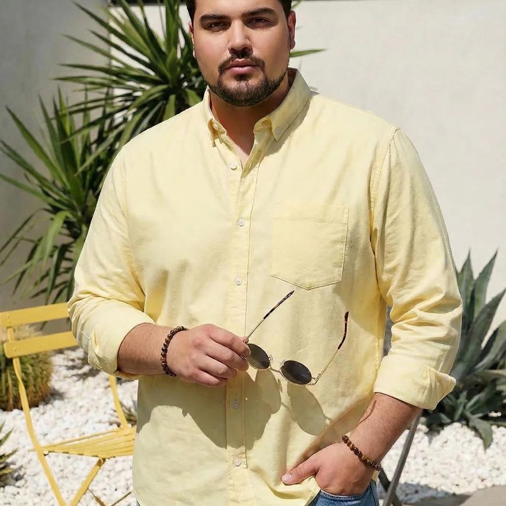Plus Men's Yellow Cotton Full Sleeve Regular Fit Solid Oxford Shirt With Button-Down Collar