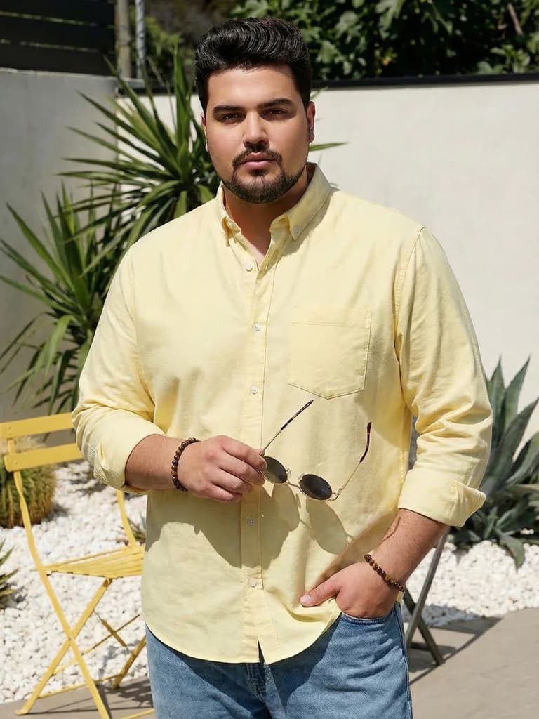 Plus Men's Yellow Cotton Full Sleeve Regular Fit Solid Oxford Shirt With Button-Down Collar — 2XL / Yellow