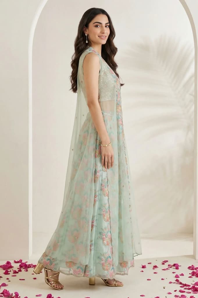 Sea Green Embroidered Blouse with Printed Flared Skirt and Embroidered Jacket Set — photo 5