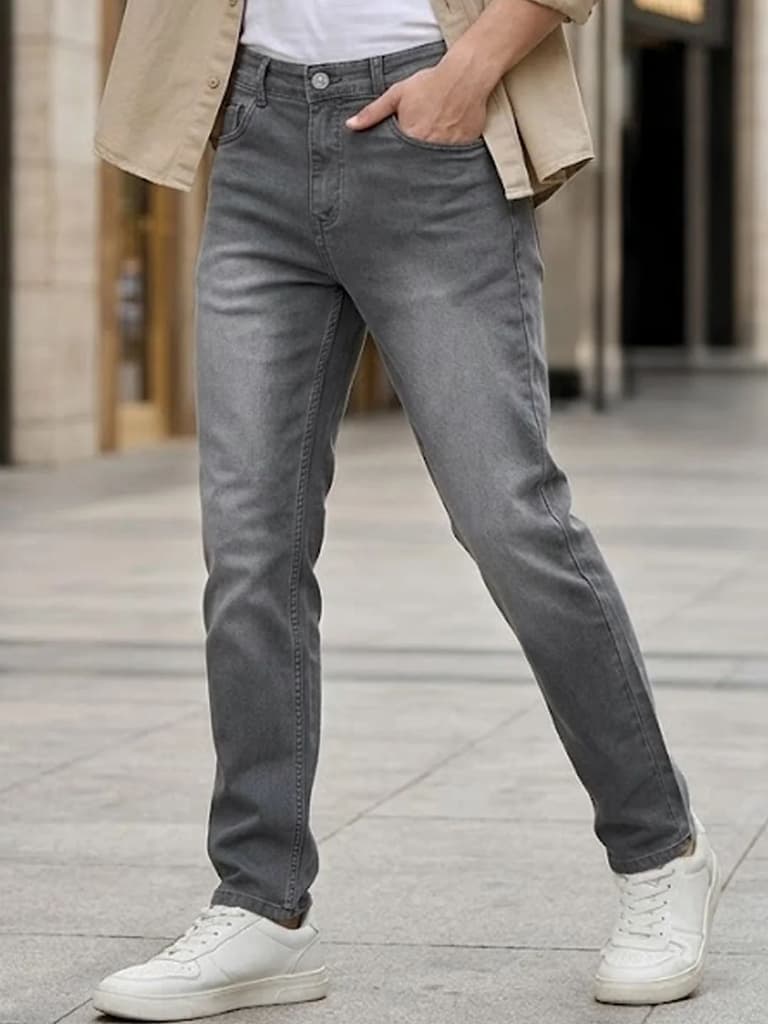 Men's Grey Straight Fit Washed Jeans Stretchable — 28 / Grey