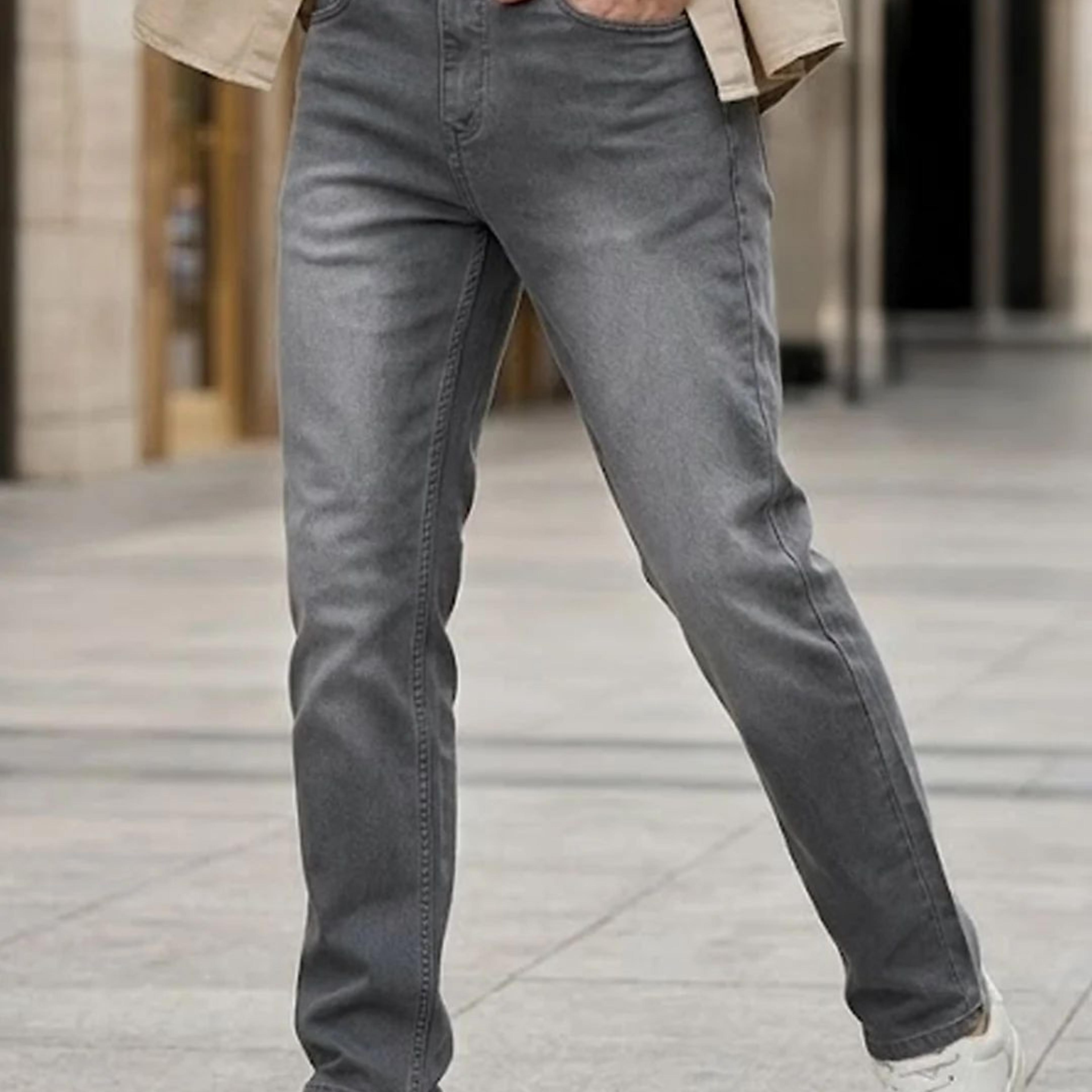 Men's Grey Straight Fit Washed Jeans Stretchable