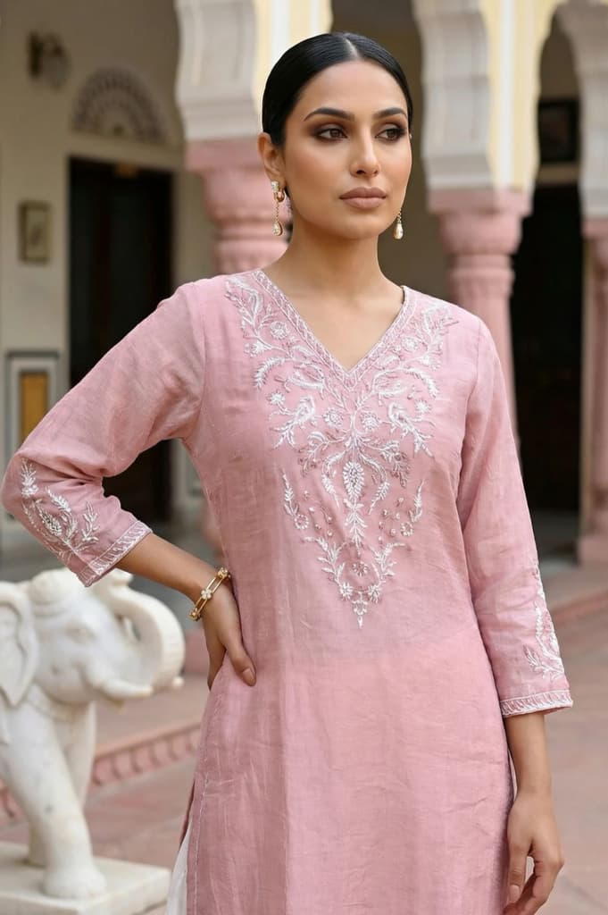 Rose Pink Zari Embroidered Cotton Blend Straight Kurta with Salwar and Dupatta Set — photo 3