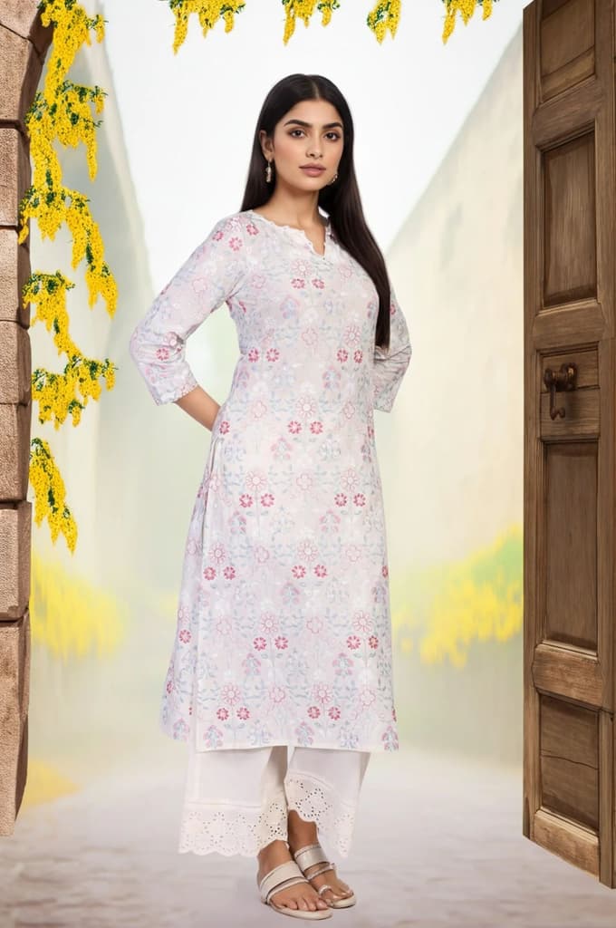 Off-White Embroidered Lace Trim Straight Cotton Kurta with Flared Pant and Dupatta Set — photo 4