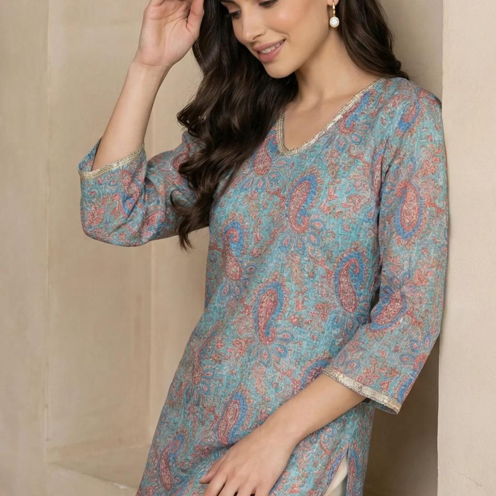 Turquoise Blue Ethnic Motifs Lace Kota Straight Kurta