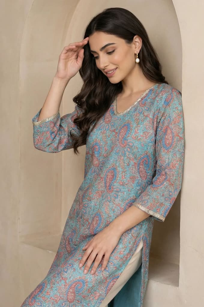 Turquoise Blue Ethnic Motifs Lace Kota Straight Kurta — XS