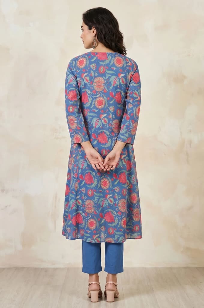 Blue Floral Printed Pure Cotton Straight Kurta — photo 5