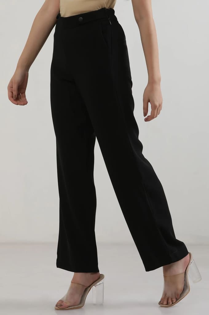 Black Solid Straight Fit Woven Pants With Zipper Closure — photo 4