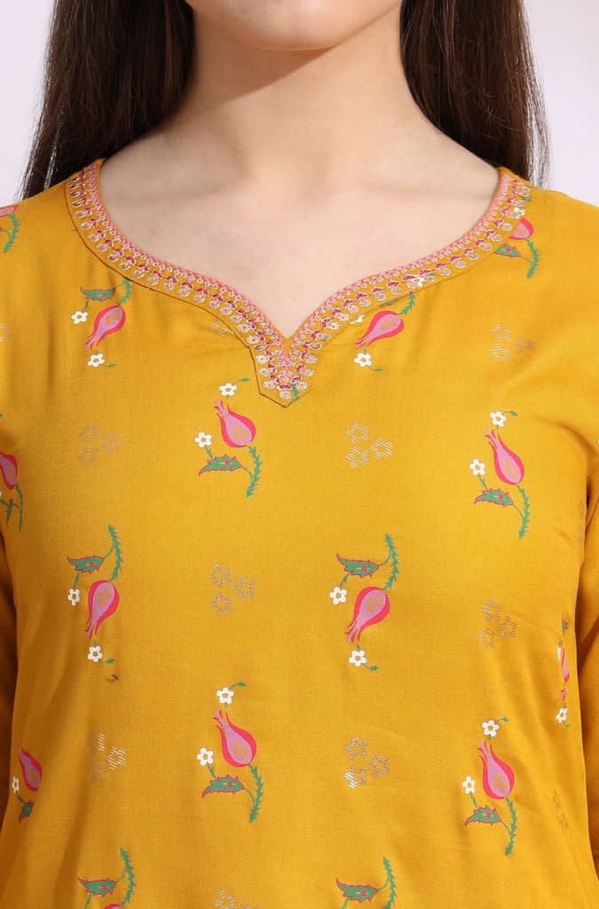 Deep Yellow Floral Printed Rayon Straight Kurta with Embroidered Neck — photo 4