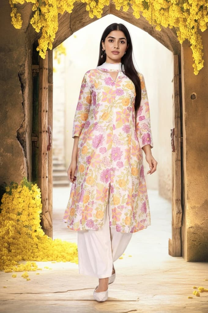 Off-White Floral Printed A-Line Kurta with Parallel Pant and Dupatta Set — photo 2