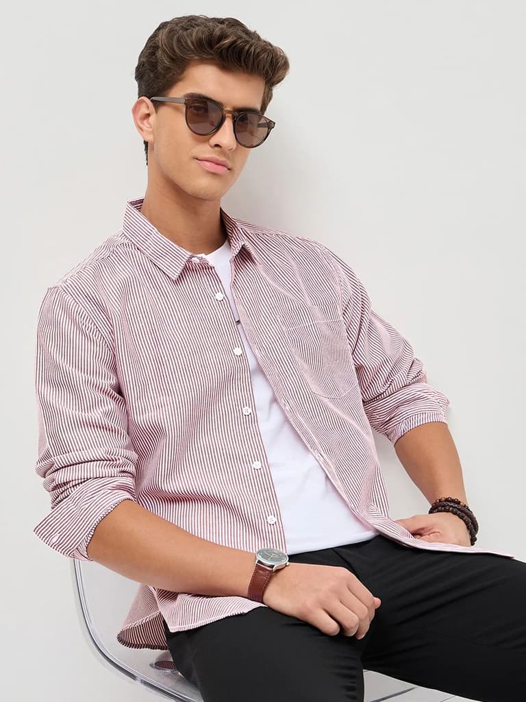 Men's Maroon Cotton Full Sleeve Regular Fit Casual Striped Shirt — photo 2