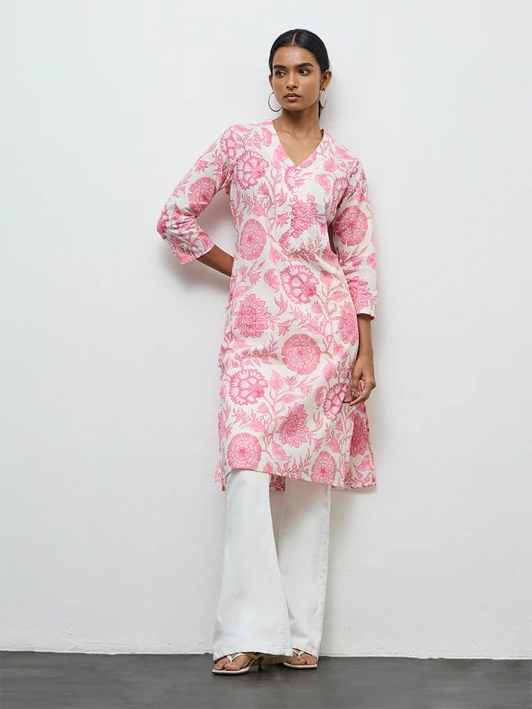Utsa Pink Floral Printed Cotton Straight Kurta — photo 2