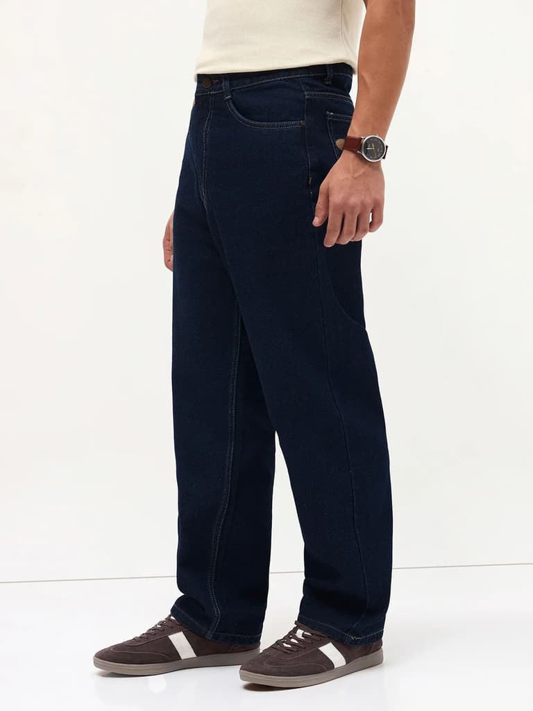 Men's Dark Blue Loose Baggy Fit Raw Washed Denim Jeans Non-Stretchable — photo 3