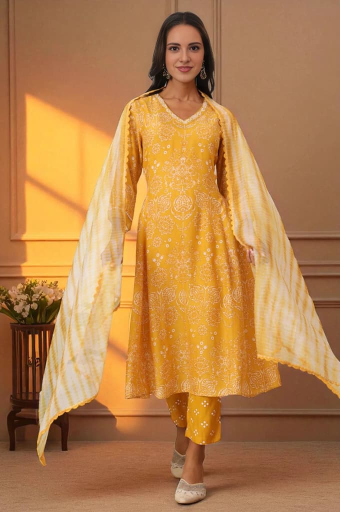Mango Yellow Printed Flared Kurta and Pants Set with Dupatta — XS