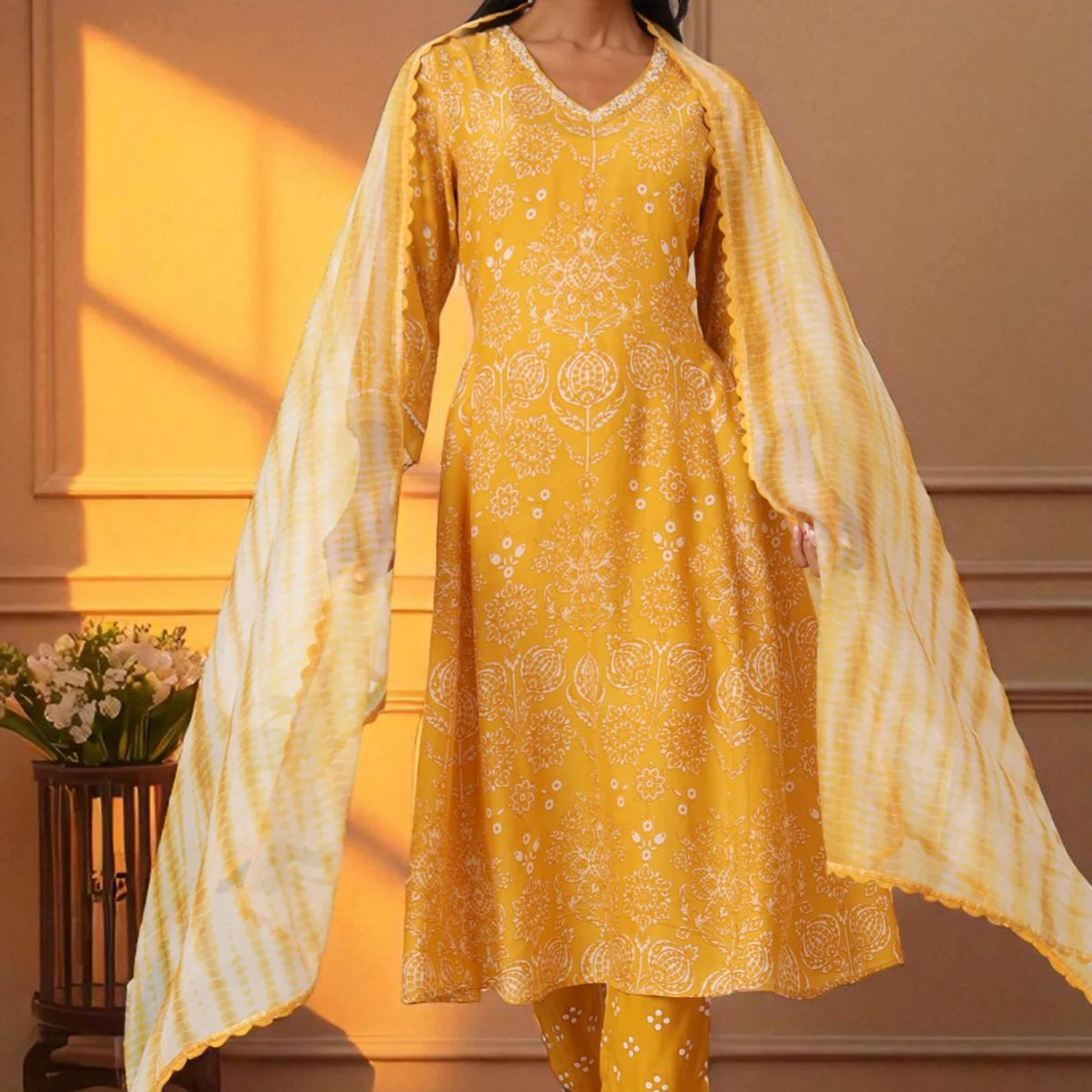 Mango Yellow Printed Flared Kurta and Pants Set with Dupatta