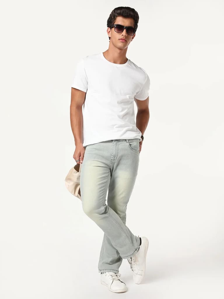 Men's Ice Grey Bootcut Fit Mid Rise Tinted Heavy Washed Jeans Stretchable — photo 5