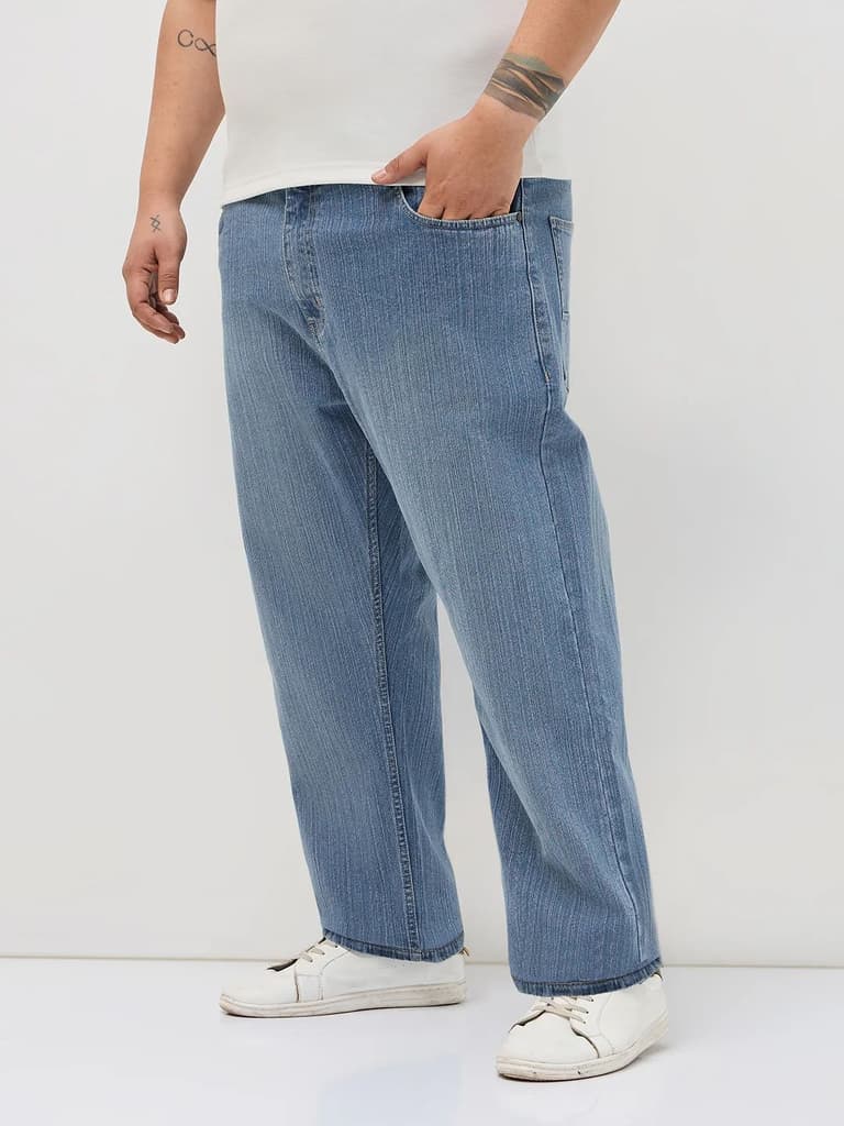 Plus Men's Light Blue Straight Fit Washed Denim Jeans Stretchable — photo 2