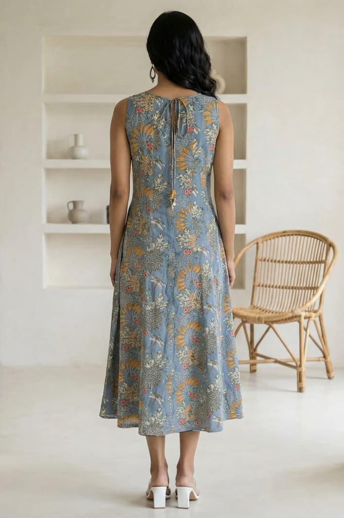 Blue Block Printed Pure Cotton A-line Dress — photo 5