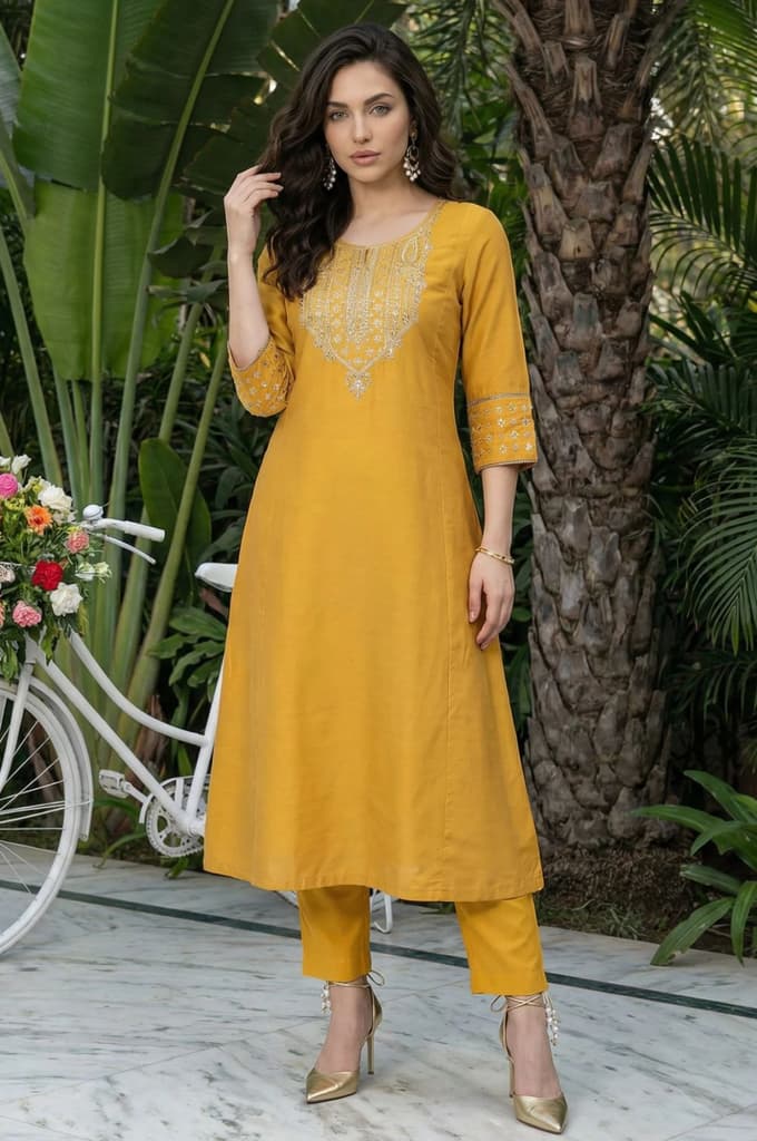 Mustard Embroidered A-Line Rayon Kurta — XS