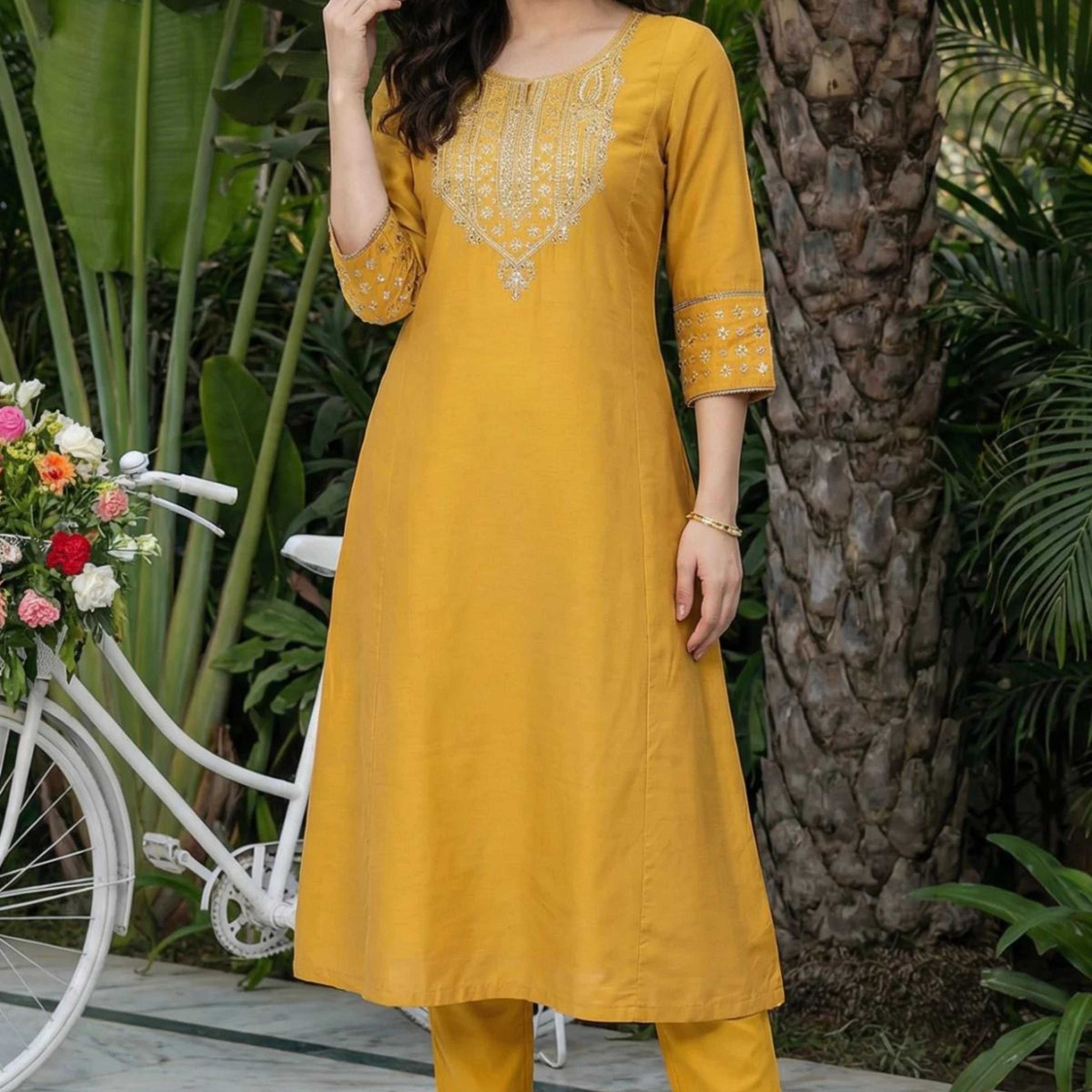 Mustard Embroidered A-Line Rayon Kurta