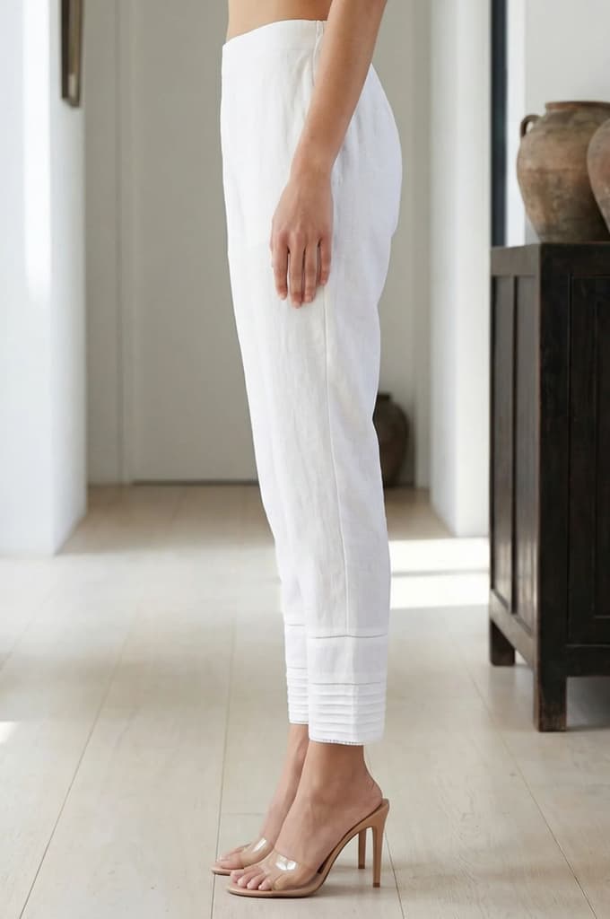 Elleven Women's White Solid Lace Pintucks Cotton Blend Tapered Fit Ankle Length Trousers — photo 2
