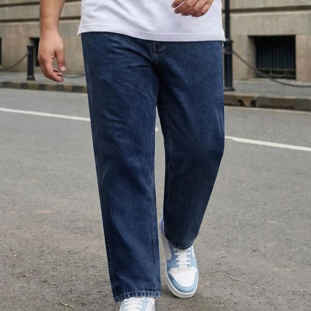 Plus Men's Dark Blue Relaxed Fit Washed Denim Jeans Non-Stretchable
