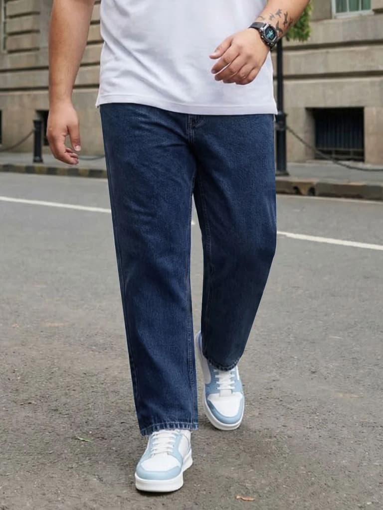 Plus Men's Dark Blue Relaxed Fit Washed Denim Jeans Non-Stretchable — 36 / Dark Blue