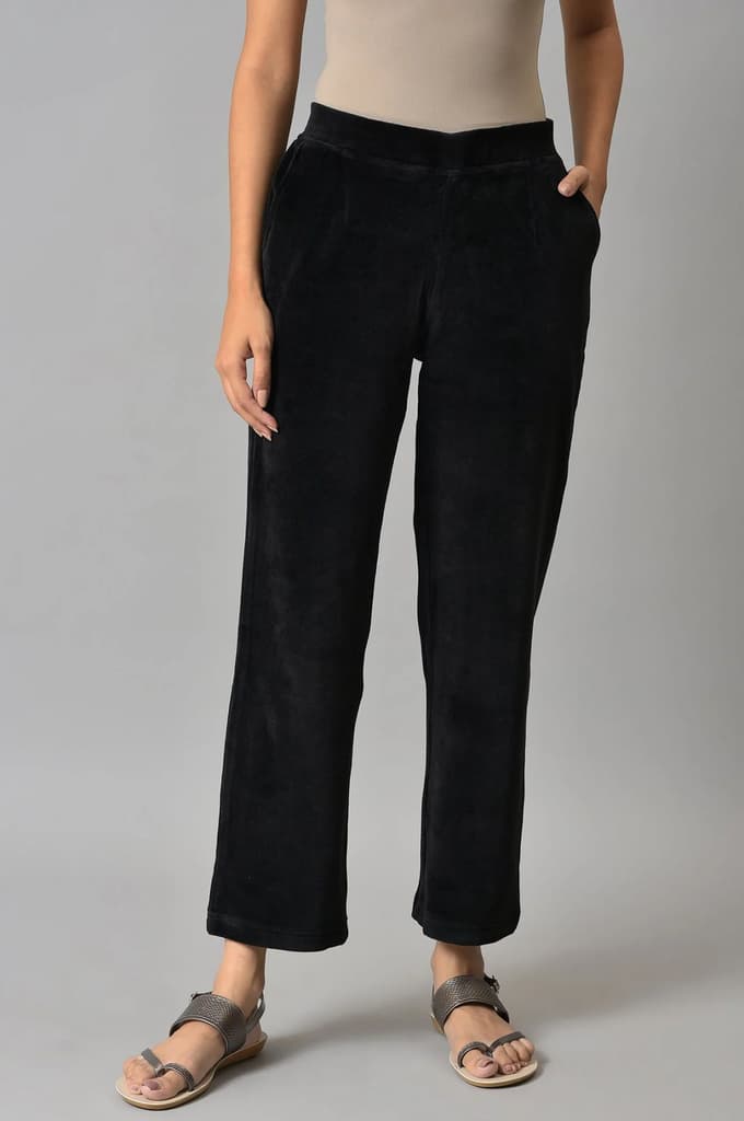Black Solid Straight Fit Cotton Trousers With Elasticated Waist — photo 2