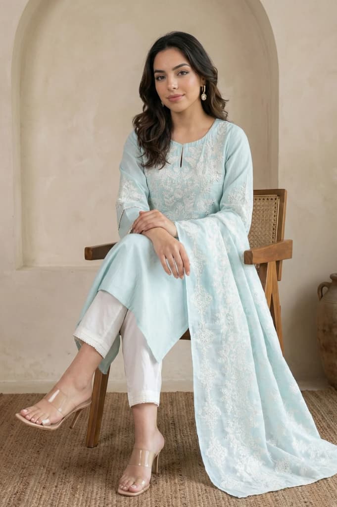 Blue Thread Embroidered Pure Cotton Straight Kurta with Straight Pants and Dupatta Set — photo 2