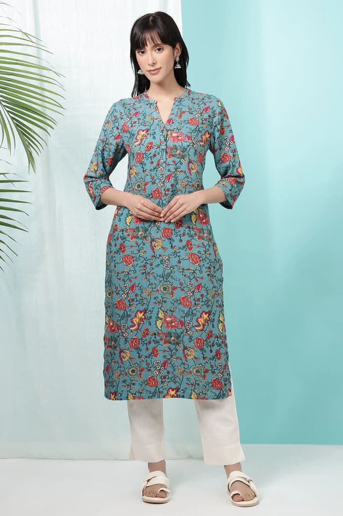 Teal Blue Floral Printed Straight Kurta — photo 3