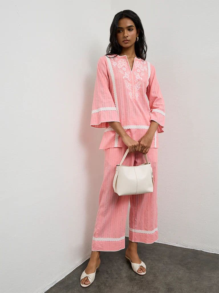 Utsa Pink Floral Embroidered Cotton Tunic — photo 2
