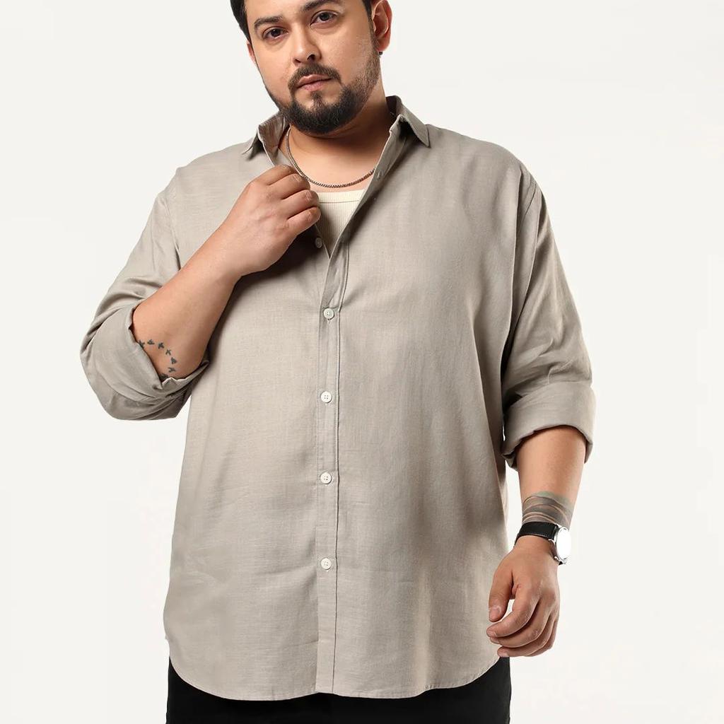 Plus Men's Grey Linen Blend Full Sleeve Relaxed Fit Casual Solid Shirt